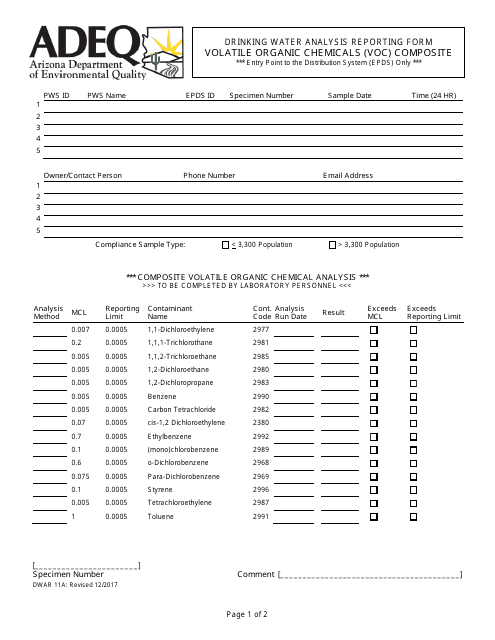 ADEQ Form DWAR11A Drinking Water Analysis Reporting Form - Volatile Organic Chemicals (VOC) Composite - Arizona