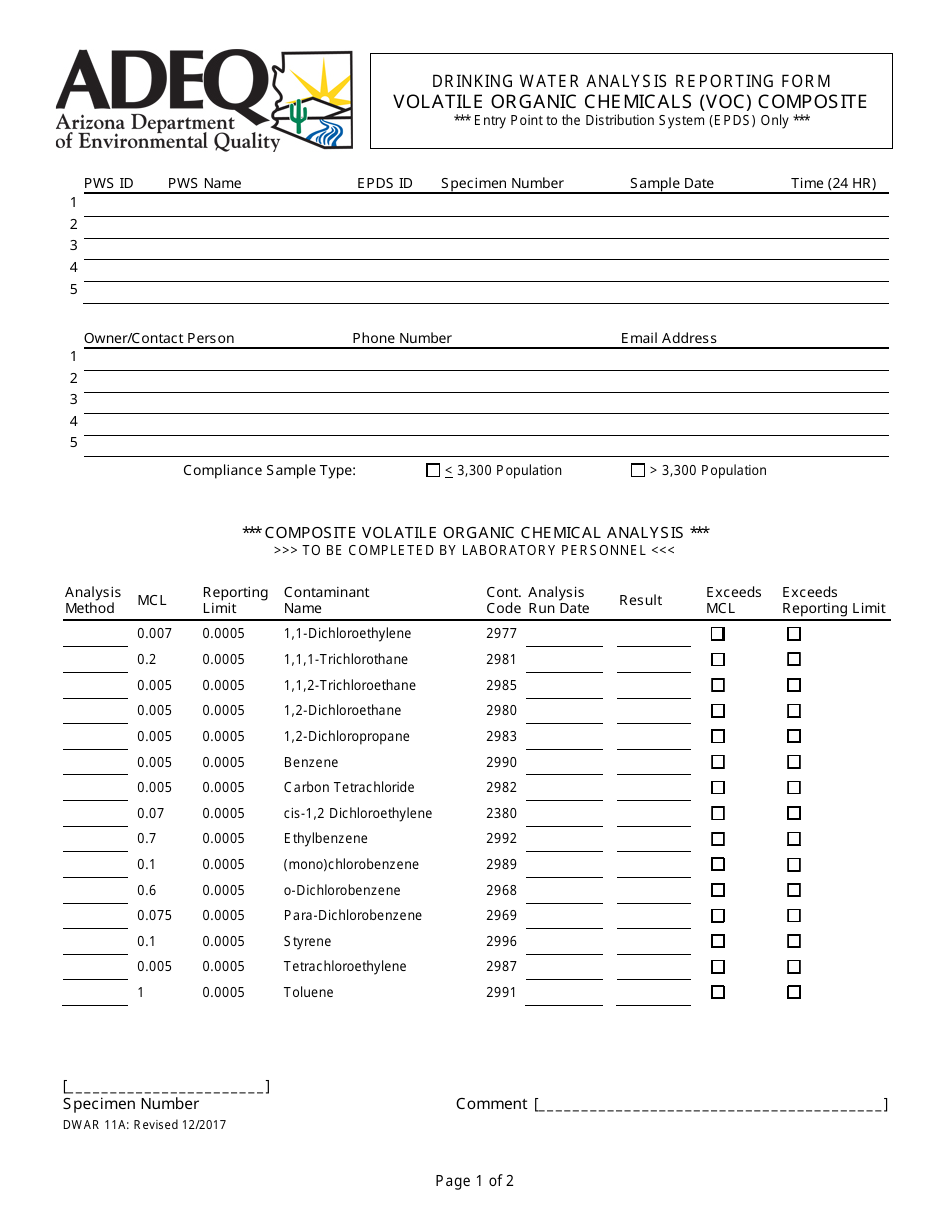 ADEQ Form DWAR11A Drinking Water Analysis Reporting Form - Volatile Organic Chemicals (VOC) Composite - Arizona, Page 1
