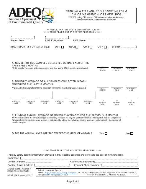 ADEQ Form DWAR18A Drinking Water Analysis Reporting Form - Chlorine 0999/Chloramine 1006 - Arizona