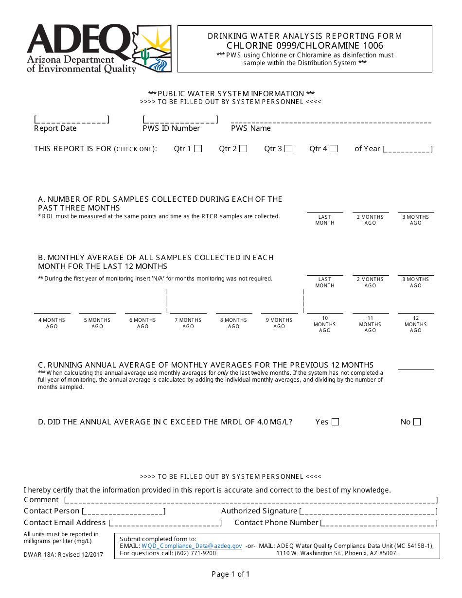 ADEQ Form DWAR18A Drinking Water Analysis Reporting Form - Chlorine 0999 / Chloramine 1006 - Arizona, Page 1