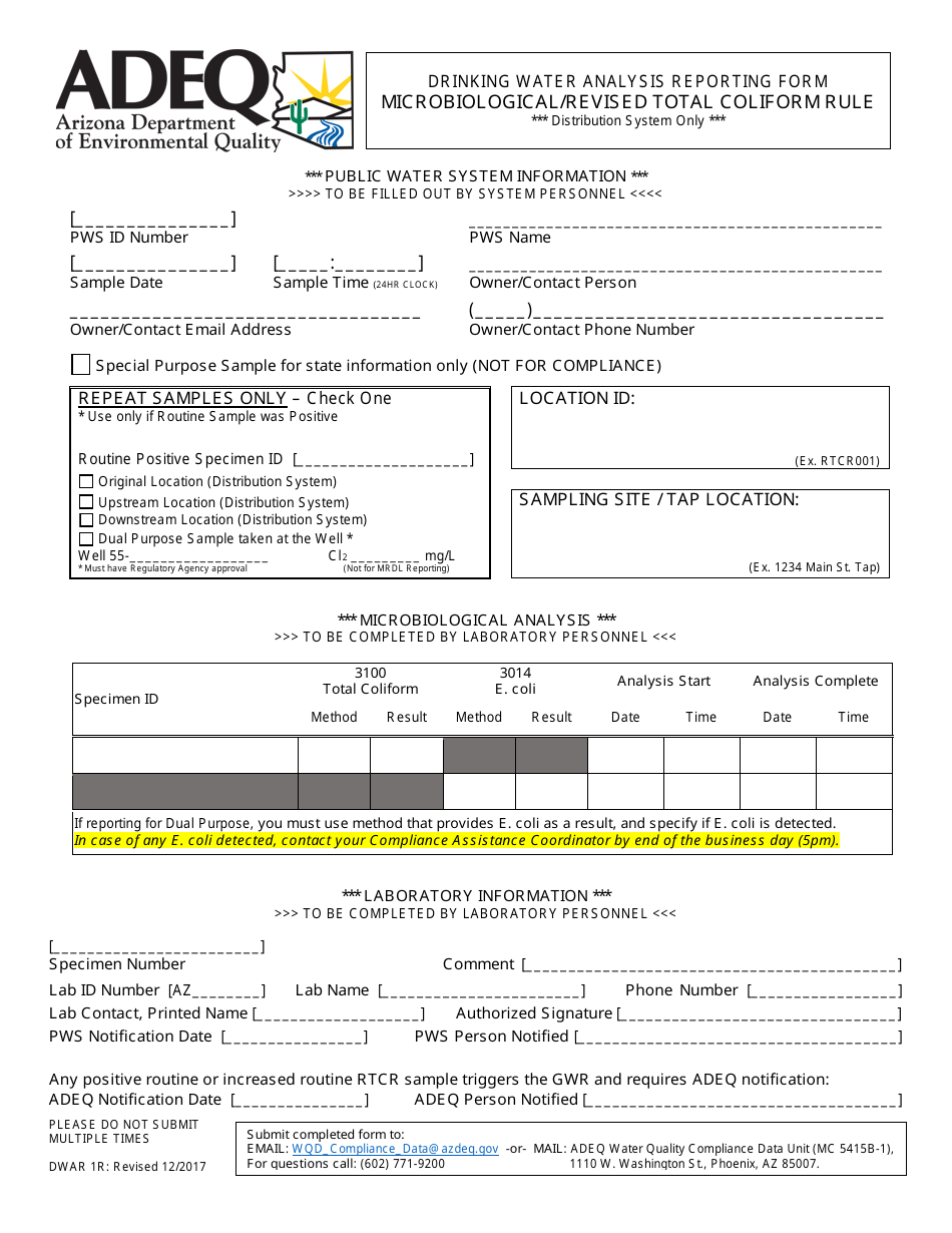 ADEQ Form DWAR1R Drinking Water Analysis Reporting Form - Microbiological / Revised Total Coliform Rule - Arizona, Page 1