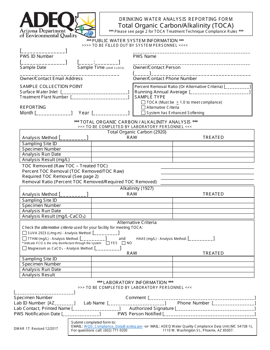 ADEQ Form DWAR17 Drinking Water Analysis Reporting Form - Total Organic Carbon / Alkalinity (Toca) - Arizona, Page 1