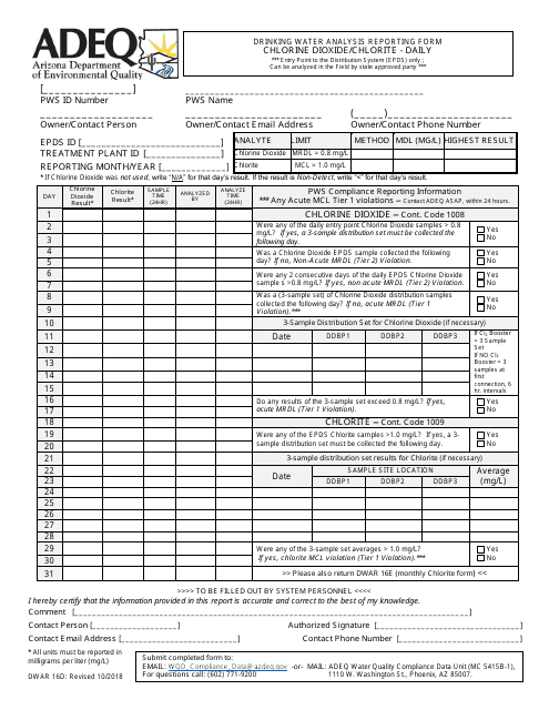 ADEQ Form DWAR16D Drinking Water Analysis Reporting Form - Chlorine Dioxide/Chlorite - Daily - Arizona