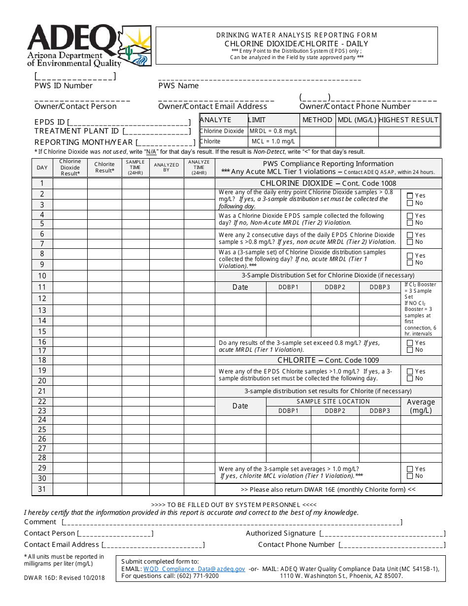 ADEQ Form DWAR16D Drinking Water Analysis Reporting Form - Chlorine Dioxide / Chlorite - Daily - Arizona, Page 1