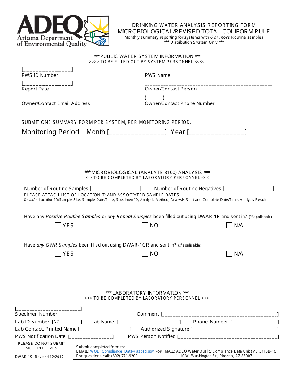 ADEQ Form DWAR1S Drinking Water Analysis Reporting Form - Microbiological / Revised Total Coliform Rule - Arizona, Page 1