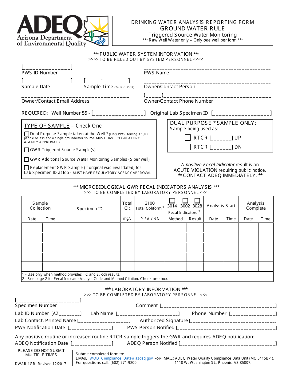 ADEQ Form DWAR1GR Drinking Water Analysis Reporting Form - Ground Water Rule - Triggered Source Water Monitoring - Arizona, Page 1