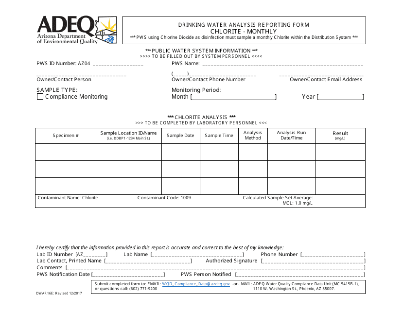 ADEQ Form DWAR16E Drinking Water Analysis Reporting Form - Chlorite - Monthly - Arizona