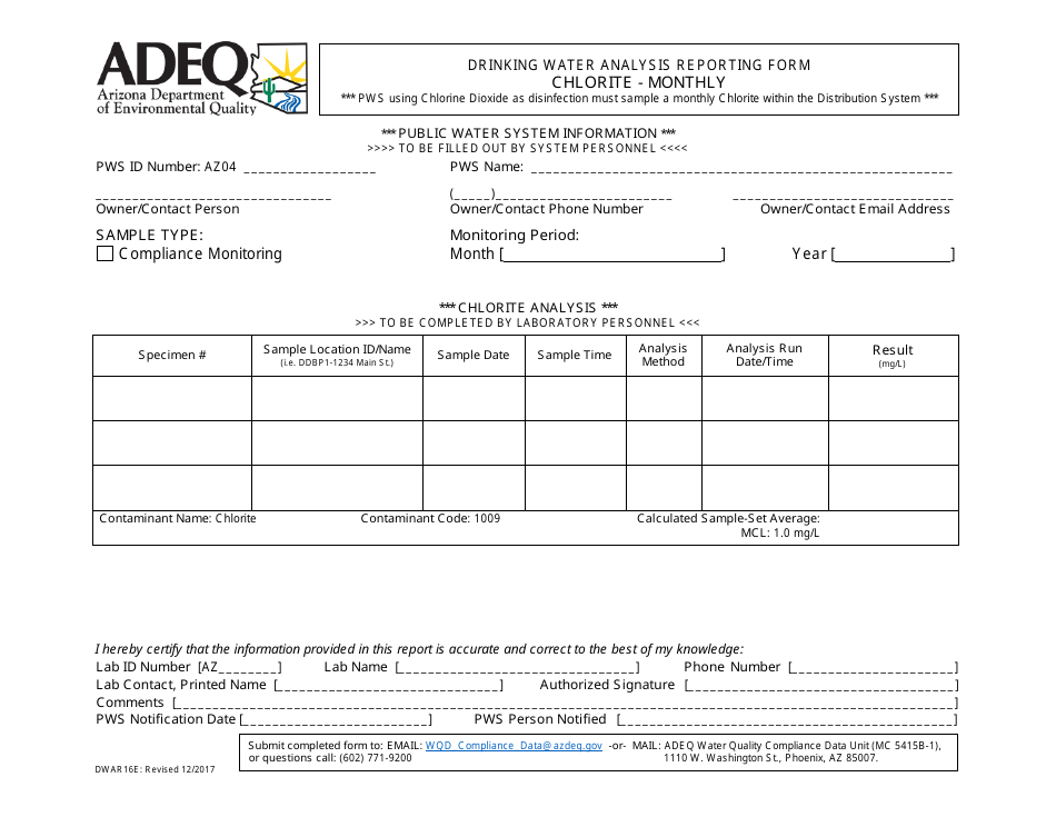 ADEQ Form DWAR16E Drinking Water Analysis Reporting Form - Chlorite - Monthly - Arizona, Page 1