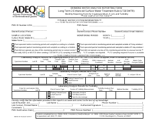 ADEQ Form DWAR20 &quot;Drinking Water Analysis Reporting Form - Long Term 2 Enhanced Surface Water Treatment Rule (Lt2eswtr) - Monthly Reporting Form for Cryptosporidium, E.coli, and Turbidity&quot; - Arizona