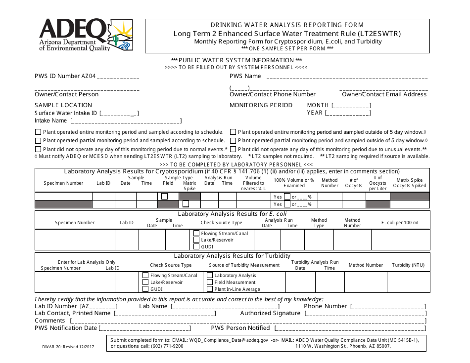 ADEQ Form DWAR20 Drinking Water Analysis Reporting Form - Long Term 2 Enhanced Surface Water Treatment Rule (Lt2eswtr) - Monthly Reporting Form for Cryptosporidium, E.coli, and Turbidity - Arizona, Page 1