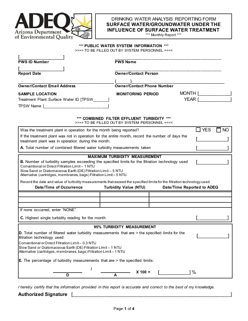 ADEQ Form DWAR15 A & B Drinking Water Analysis Reporting Form - Surface Water/Groundwater Under the Influence of Surface Water Treatment - Arizona