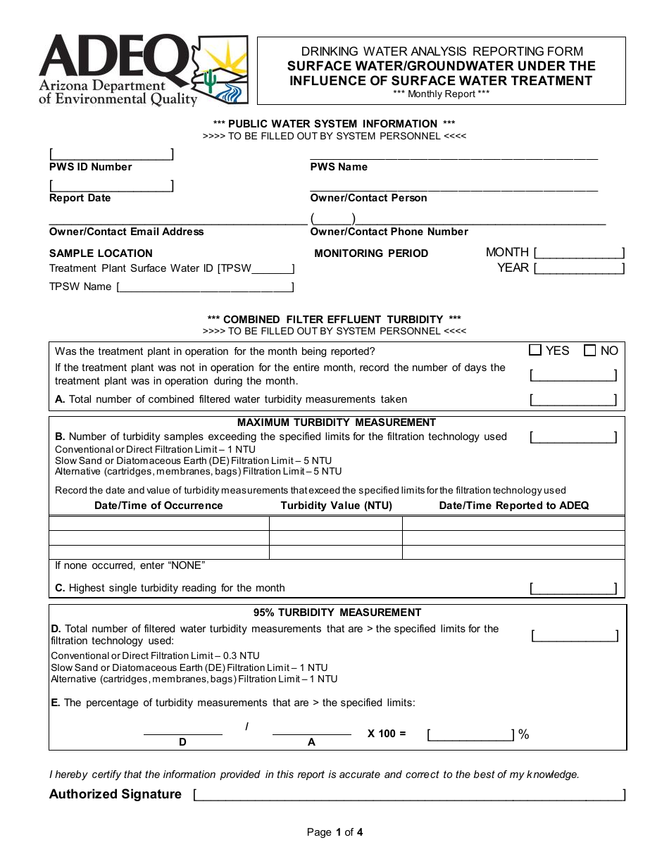 ADEQ Form DWAR15 A  B Drinking Water Analysis Reporting Form - Surface Water / Groundwater Under the Influence of Surface Water Treatment - Arizona, Page 1