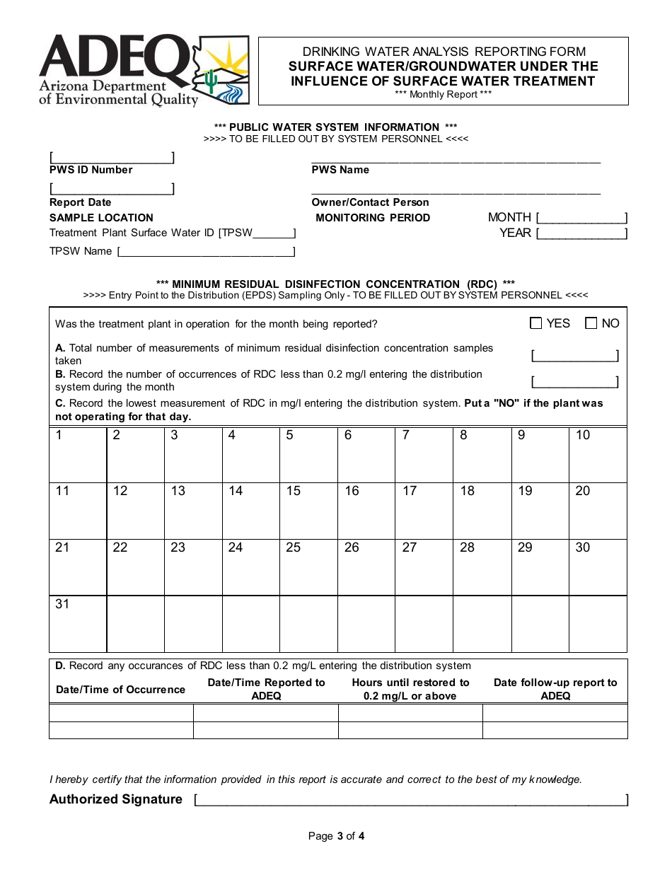 ADEQ Form DWAR15 A  B Drinking Water Analysis Reporting Form - Surface Water / Groundwater Under the Influence of Surface Water Treatment - Arizona, Page 3
