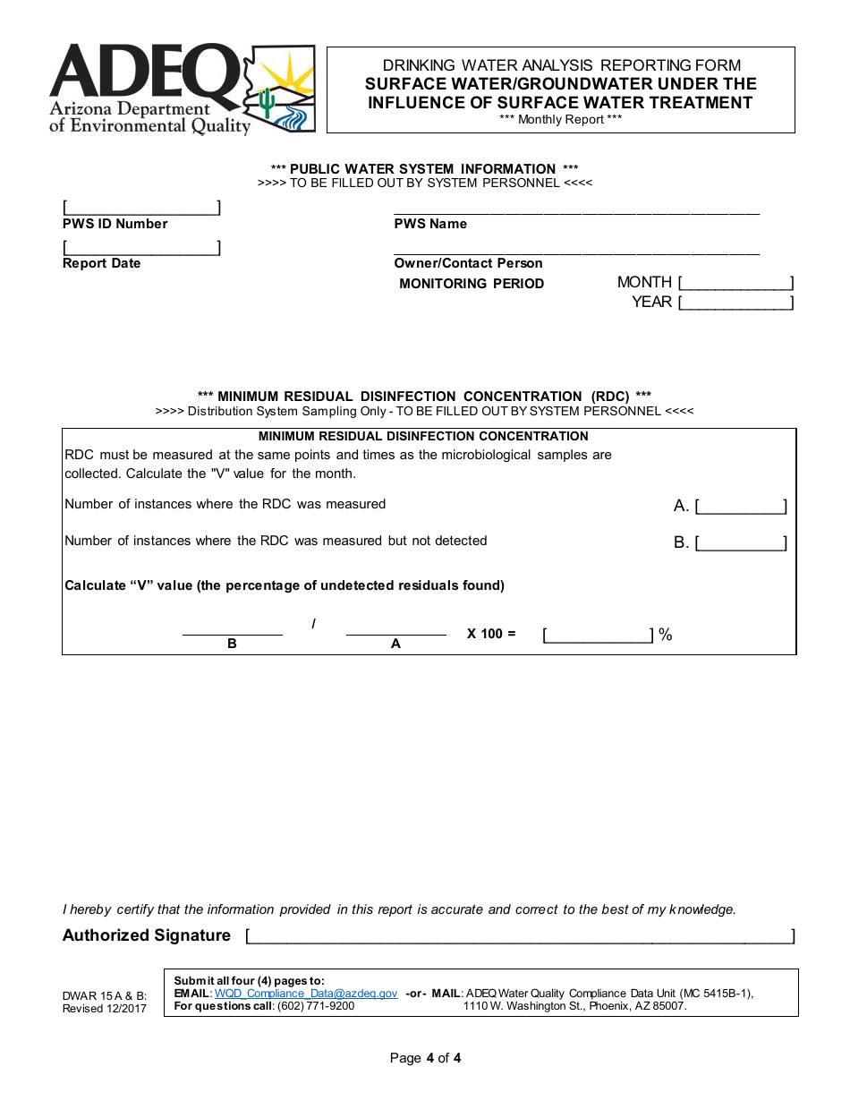ADEQ Form DWAR15 A  B Drinking Water Analysis Reporting Form - Surface Water / Groundwater Under the Influence of Surface Water Treatment - Arizona, Page 4
