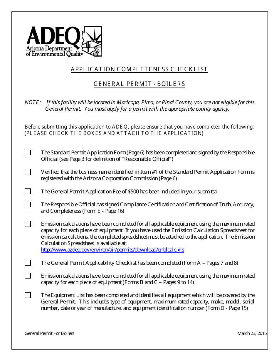 General Permit Application Packet - Boilers - Arizona, Page 1
