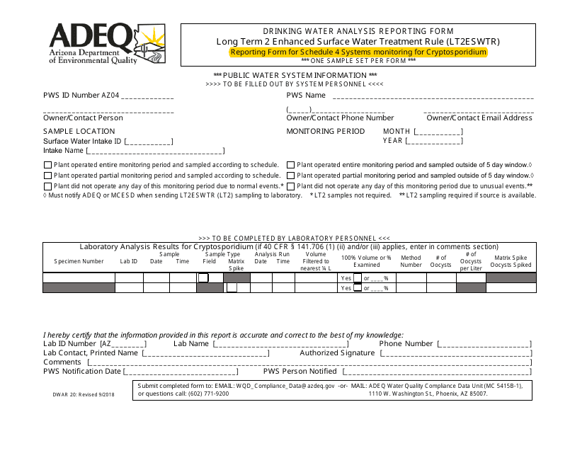 ADEQ Form DWAR20 Drinking Water Analysis Reporting Form - Long Term 2 Enhanced Surface Water Treatment Rule (Lt2eswtr) - Reporting Form for Schedule 4 Systems Monitoring for Cryptosporidium - Arizona
