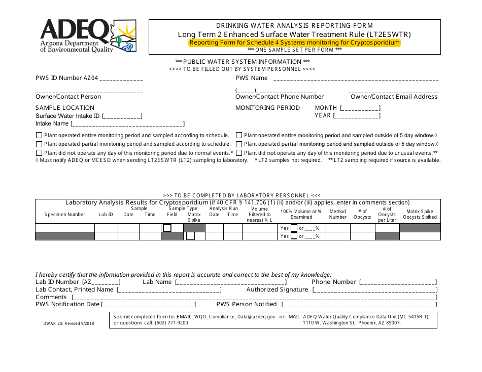 ADEQ Form DWAR20 Drinking Water Analysis Reporting Form - Long Term 2 Enhanced Surface Water Treatment Rule (Lt2eswtr) - Reporting Form for Schedule 4 Systems Monitoring for Cryptosporidium - Arizona, Page 1