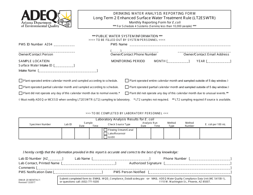 ADEQ Form DWAR20 MONTHLY Drinking Water Analysis Reporting Form - Long Term 2 Enhanced Surface Water Treatment Rule (Lt2eswtr) - Monthly Reporting Form for E.coli for Schedule 4 Systems (Serving Less Than 10,000 People) - Arizona