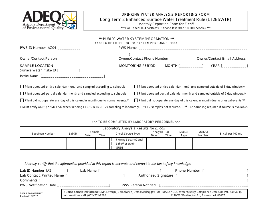 ADEQ Form DWAR20 MONTHLY Drinking Water Analysis Reporting Form - Long Term 2 Enhanced Surface Water Treatment Rule (Lt2eswtr) - Monthly Reporting Form for E.coli for Schedule 4 Systems (Serving Less Than 10,000 People) - Arizona, Page 1