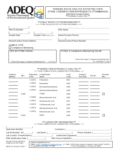 ADEQ Form DWAR32 Drinking Water Analysis Reporting Form - Stage 2 Disinfection Byproducts (Tthm&haa5) - Individual Sample Report - Arizona