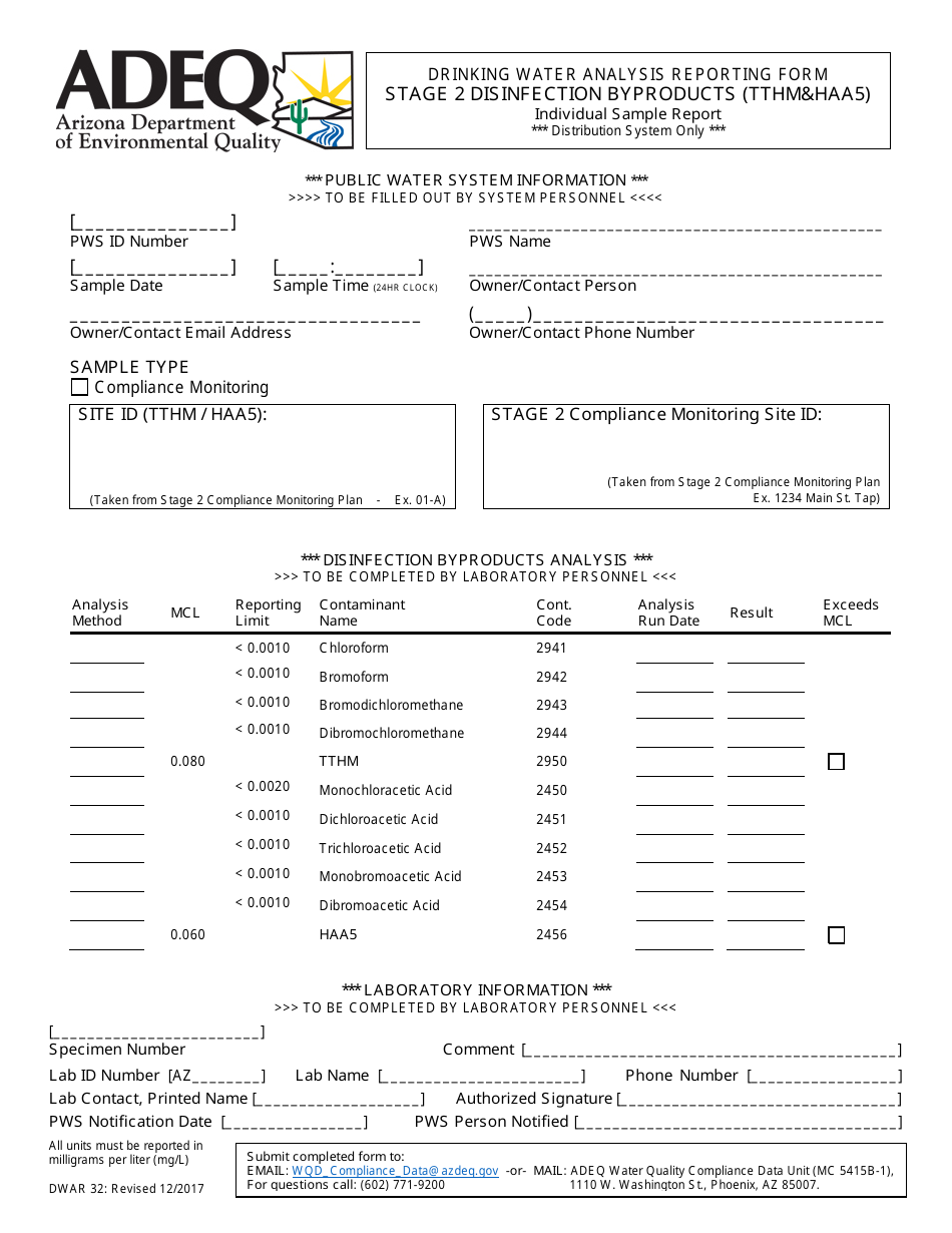 ADEQ Form DWAR32 Drinking Water Analysis Reporting Form - Stage 2 Disinfection Byproducts (Tthmhaa5) - Individual Sample Report - Arizona, Page 1