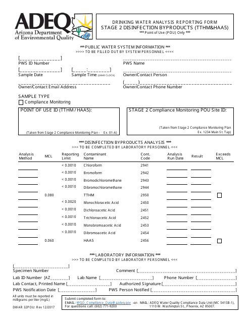 ADEQ Form DWAR32POU Drinking Water Analysis Reporting Form - Stage 2 Disinfection Byproducts (Tthm&haa5) - Arizona