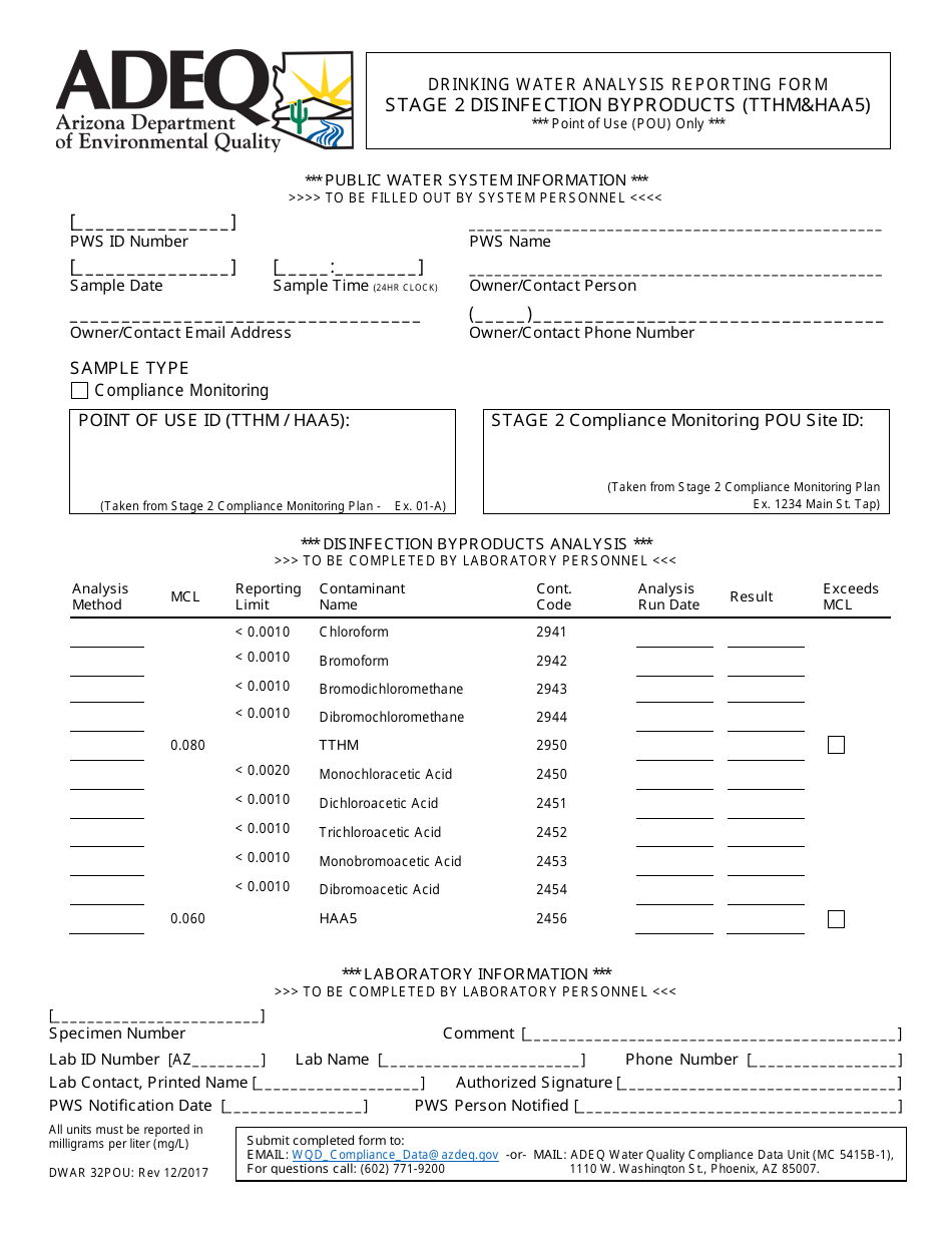 ADEQ Form DWAR32POU Drinking Water Analysis Reporting Form - Stage 2 Disinfection Byproducts (Tthmhaa5) - Arizona, Page 1