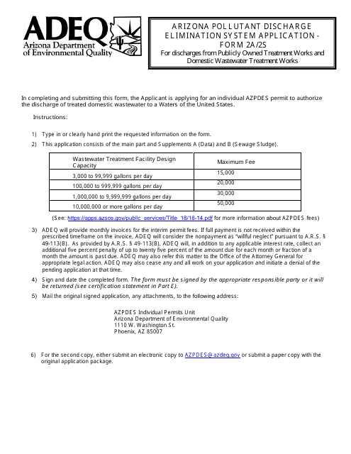 AZPDES Form 2A/2S Arizona Pollutant Discharge Elimination System Application - Arizona