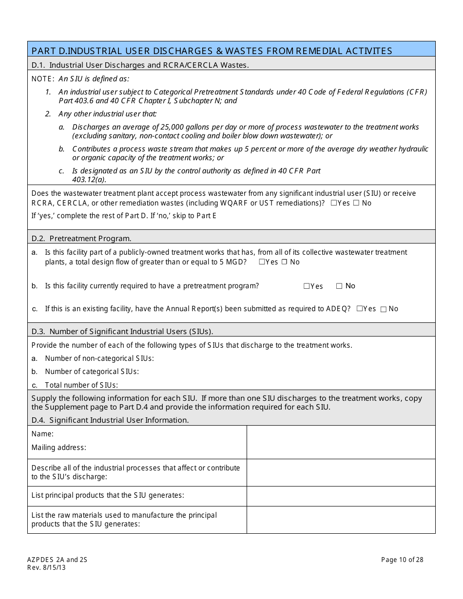 AZPDES Form 2A / 2S Arizona Pollutant Discharge Elimination System Application - Arizona, Page 10