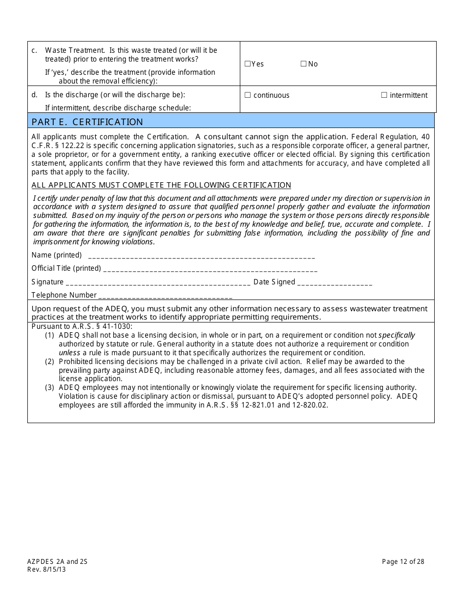 AZPDES Form 2A / 2S Arizona Pollutant Discharge Elimination System Application - Arizona, Page 12