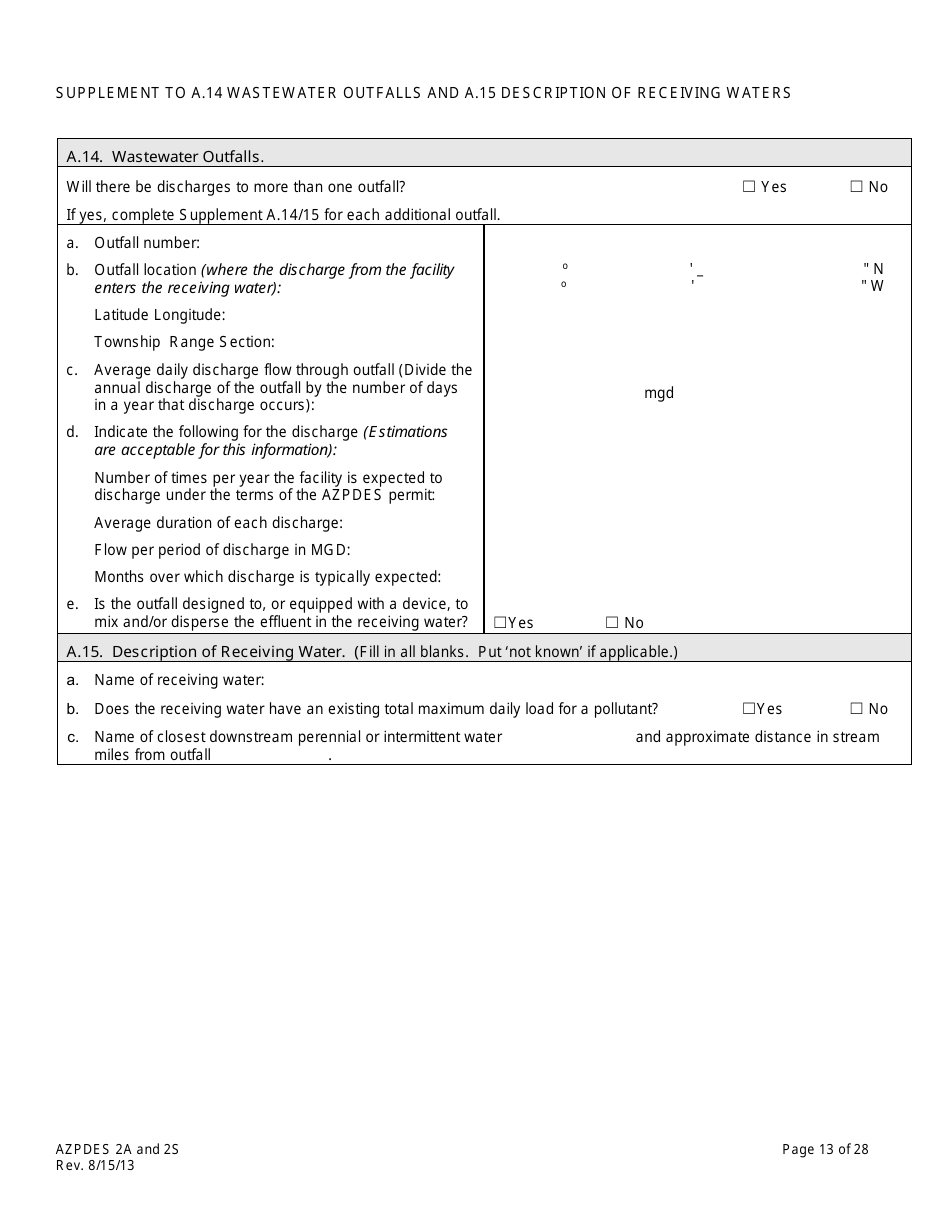 AZPDES Form 2A / 2S Arizona Pollutant Discharge Elimination System Application - Arizona, Page 13