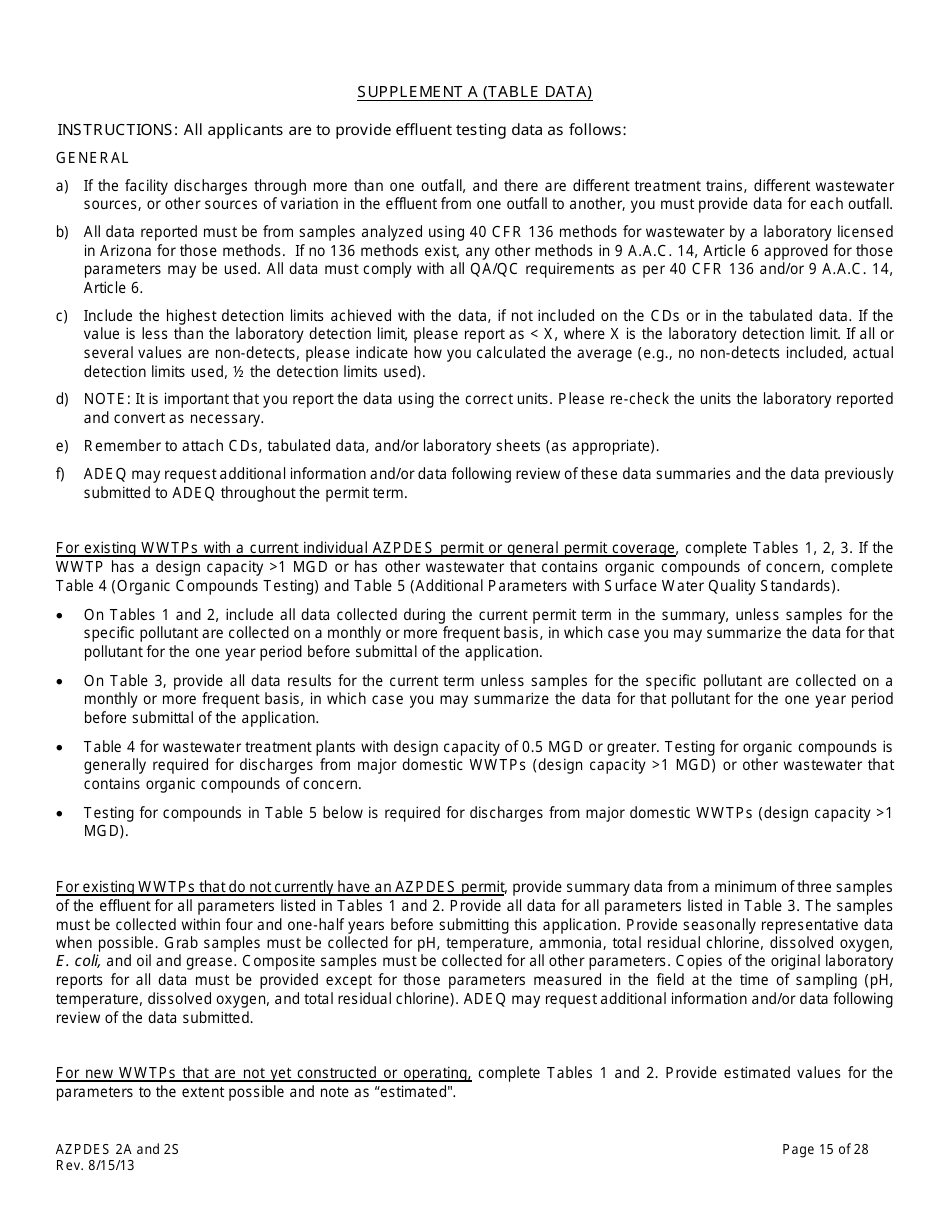 AZPDES Form 2A / 2S Arizona Pollutant Discharge Elimination System Application - Arizona, Page 15
