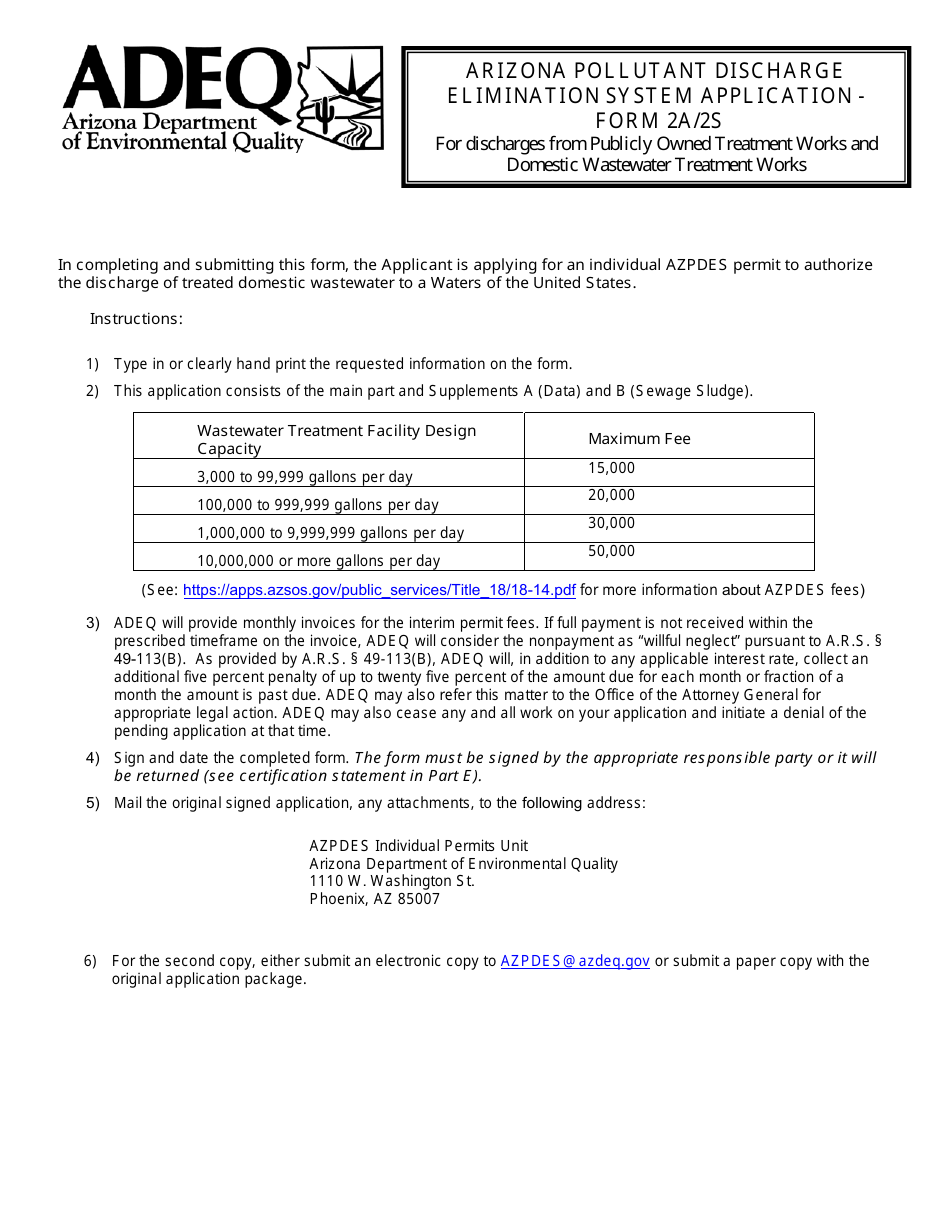 AZPDES Form 2A / 2S Arizona Pollutant Discharge Elimination System Application - Arizona, Page 1