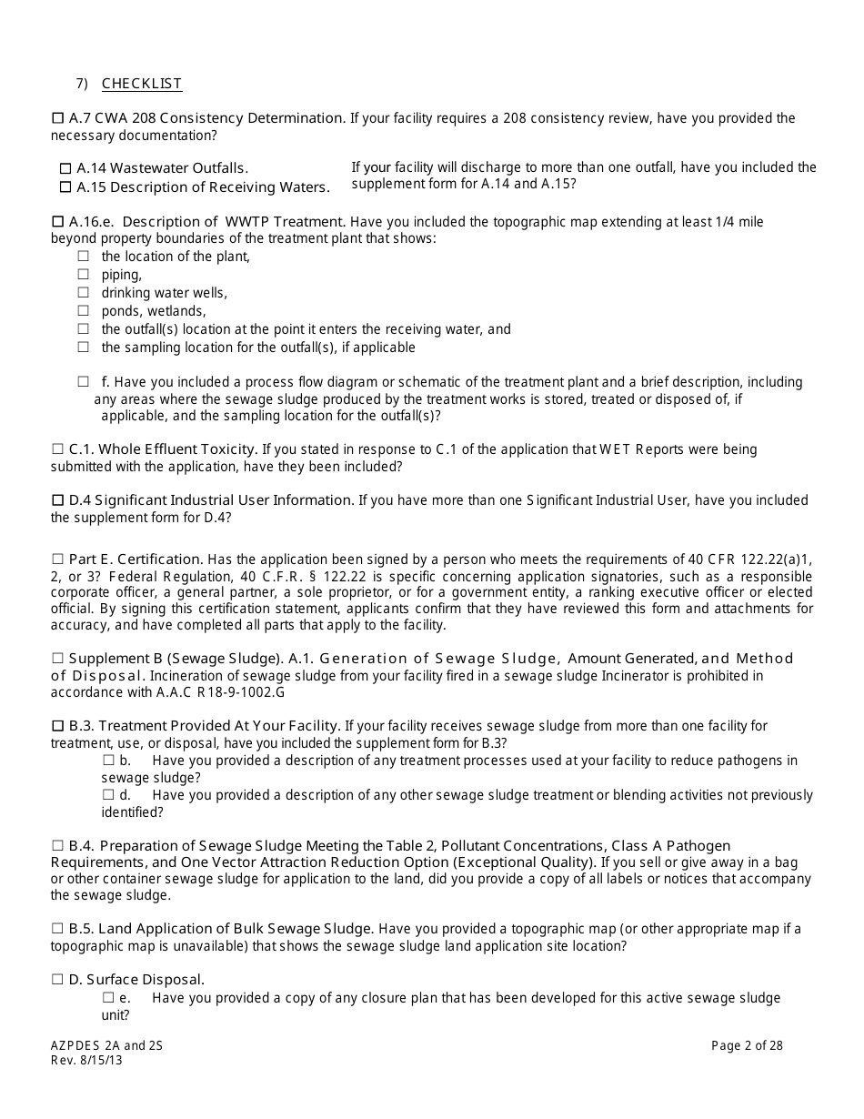 AZPDES Form 2A / 2S Arizona Pollutant Discharge Elimination System Application - Arizona, Page 2
