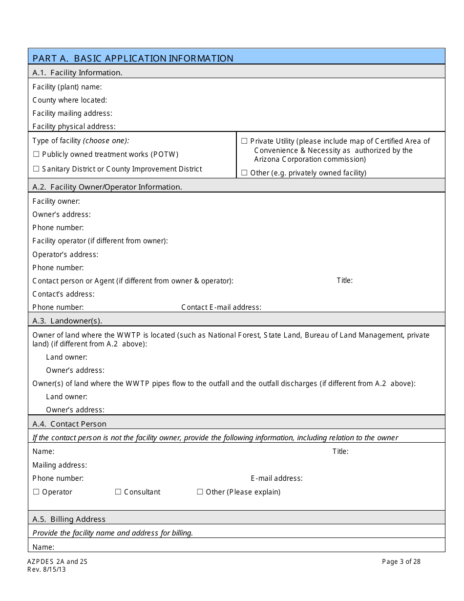 AZPDES Form 2A / 2S Arizona Pollutant Discharge Elimination System Application - Arizona, Page 3
