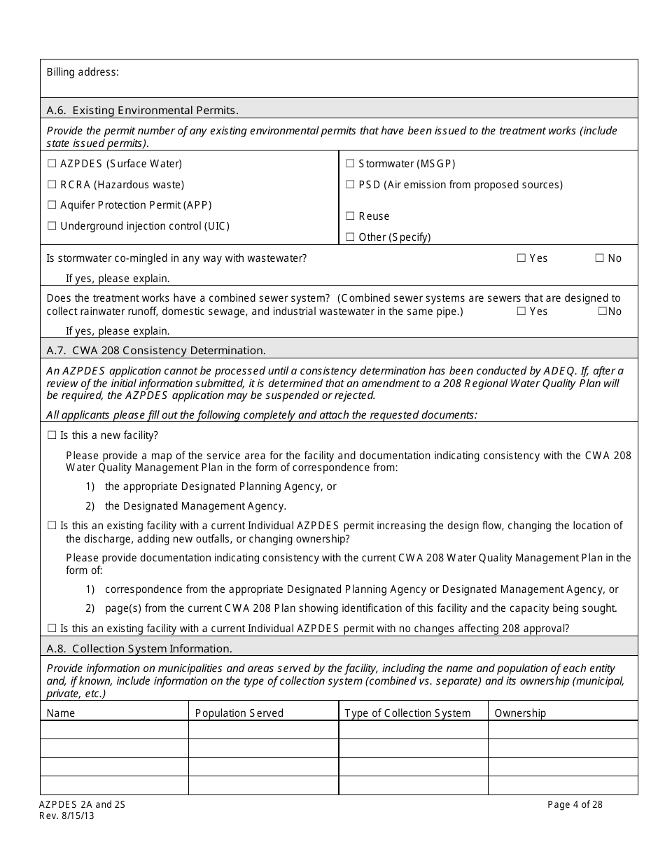 AZPDES Form 2A / 2S Arizona Pollutant Discharge Elimination System Application - Arizona, Page 4