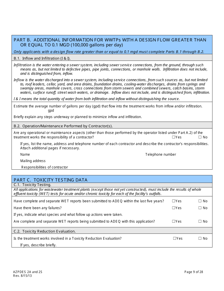 AZPDES Form 2A / 2S Arizona Pollutant Discharge Elimination System Application - Arizona, Page 9