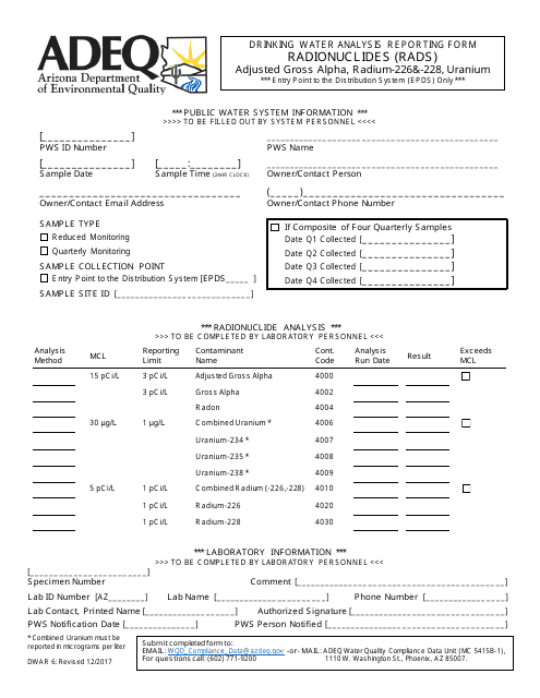 ADEQ Form DWAR6 Drinking Water Analysis Reporting Form - Radionuclides (Rads) - Adjusted Gross Alpha, Radium-226&-228, Uranium - Arizona