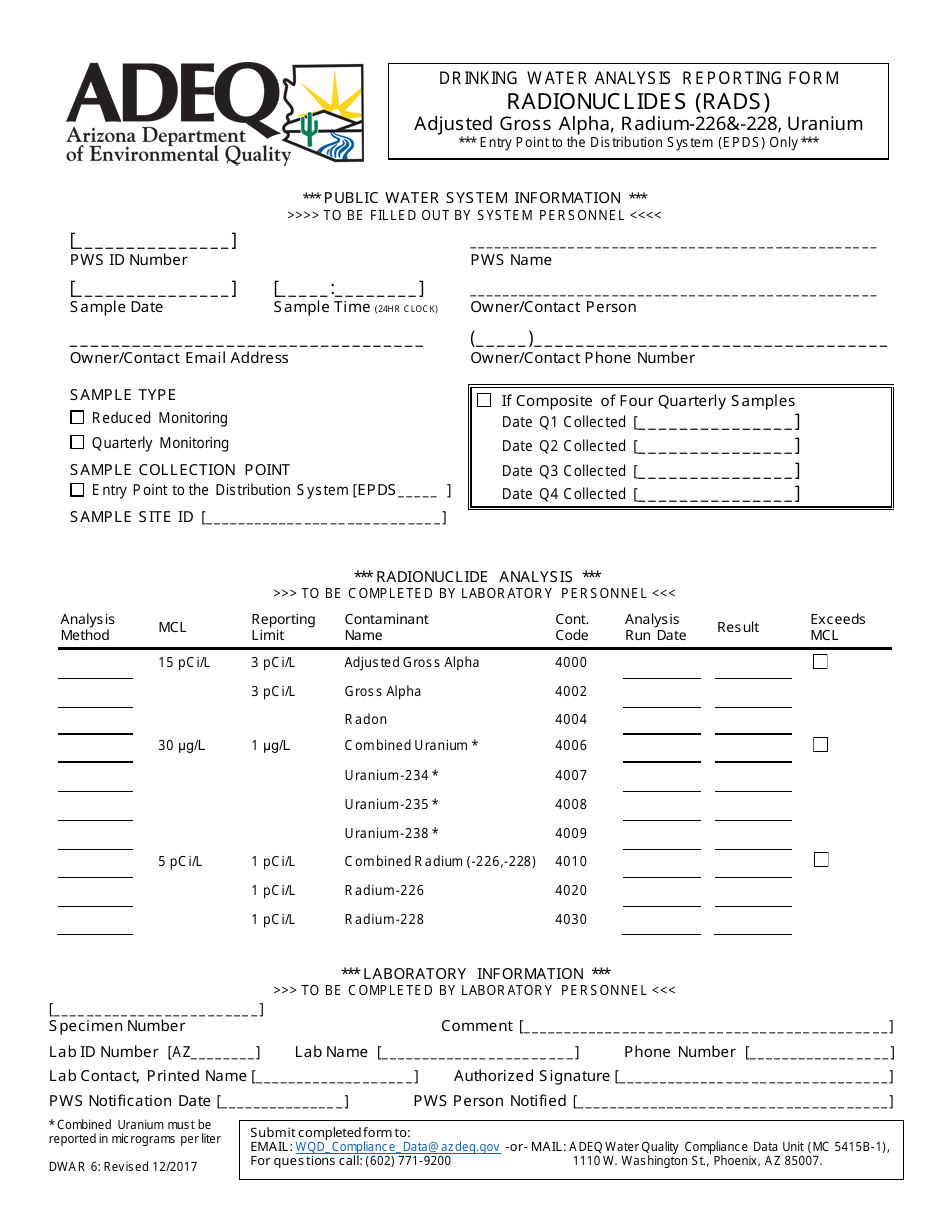 ADEQ Form DWAR6 Drinking Water Analysis Reporting Form - Radionuclides (Rads) - Adjusted Gross Alpha, Radium-226-228, Uranium - Arizona, Page 1