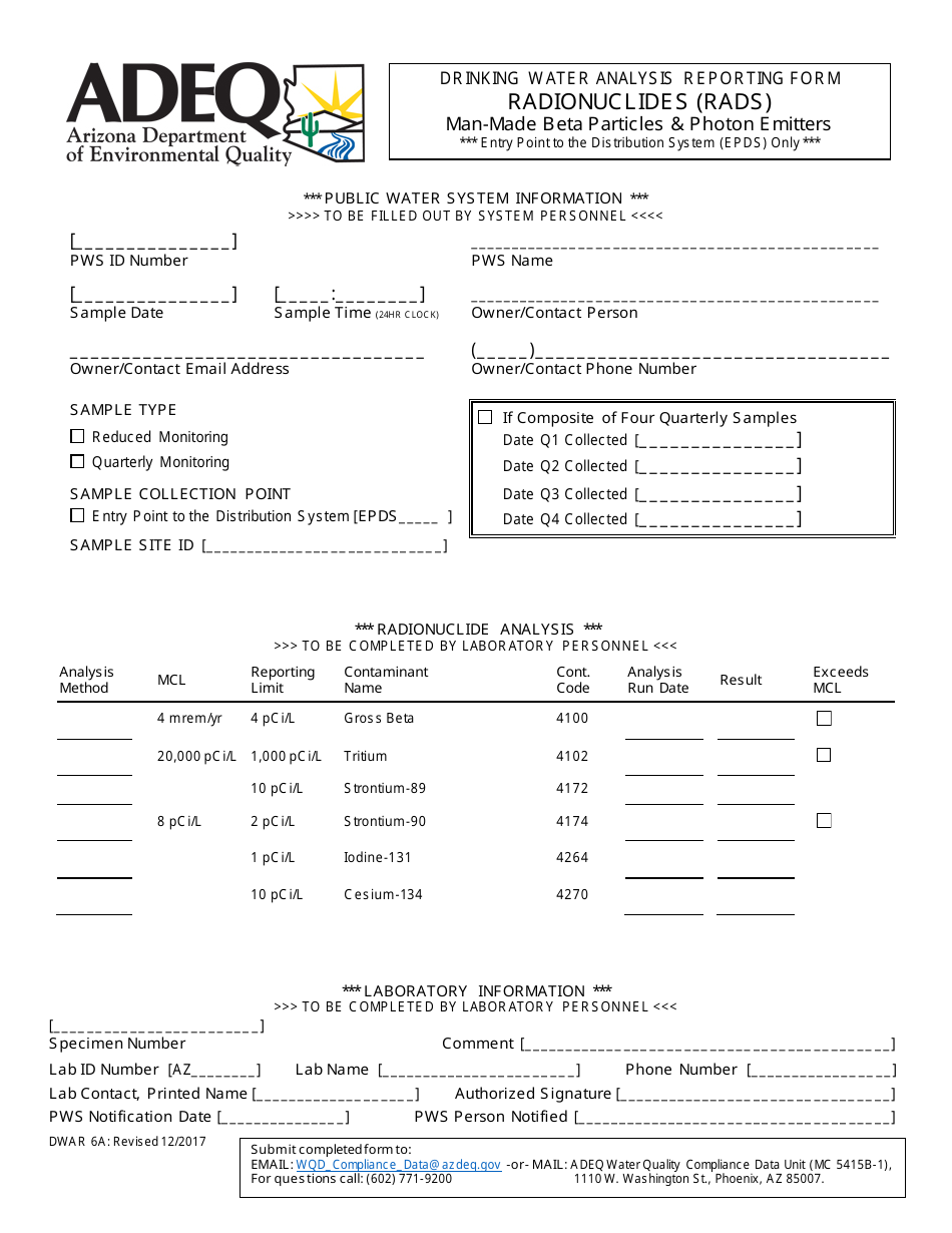 ADEQ Form DWAR6A Drinking Water Analysis Reporting Form - Radionuclides (Rads) - Man-Made Beta Particles  Photon Emitters - Arizona, Page 1