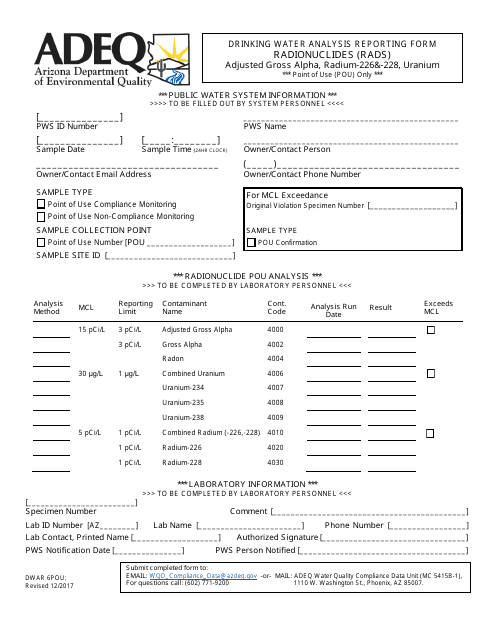 ADEQ Form DWAR6POU Drinking Water Analysis Reporting Form - Radionuclides (Rads) - Adjusted Gross Alpha, Radium-226&-228, Uranium - Arizona