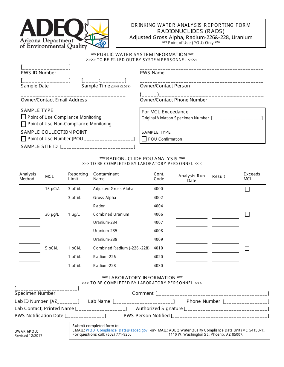 ADEQ Form DWAR6POU Drinking Water Analysis Reporting Form - Radionuclides (Rads) - Adjusted Gross Alpha, Radium-226-228, Uranium - Arizona, Page 1