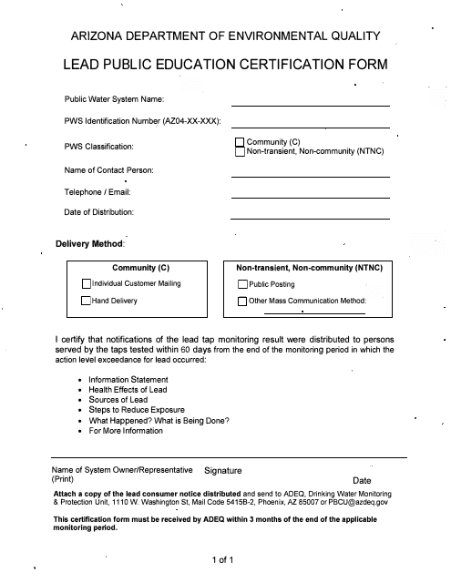 Lead Public Education Certification Form - Arizona Download Pdf
