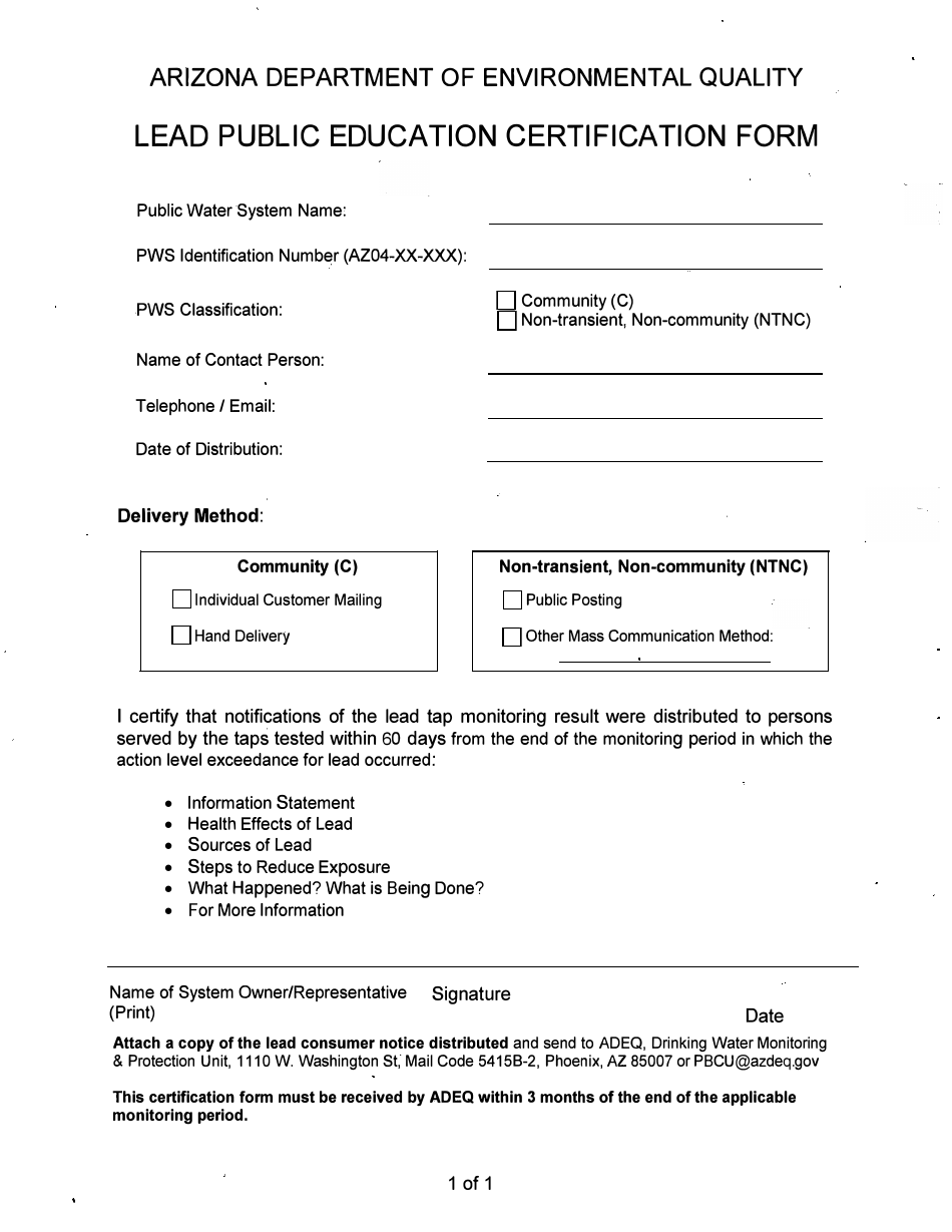 Lead Public Education Certification Form - Arizona, Page 1