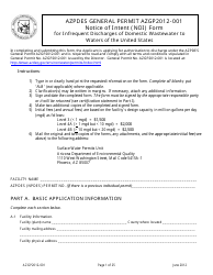 Document preview: AZPDES Form AZGP2012-001 Notice of Intent (Noi) Form for Infrequent Discharges of Domestic Wastewater to Waters of the United States - Arizona