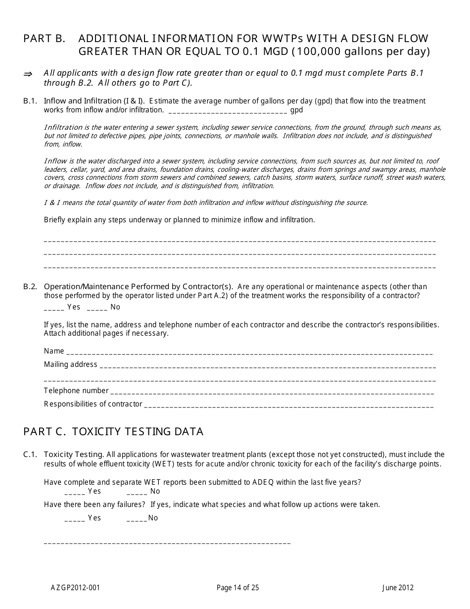 AZPDES Form AZGP2012-001 Notice of Intent (Noi) Form for Infrequent Discharges of Domestic Wastewater to Waters of the United States - Arizona, Page 14