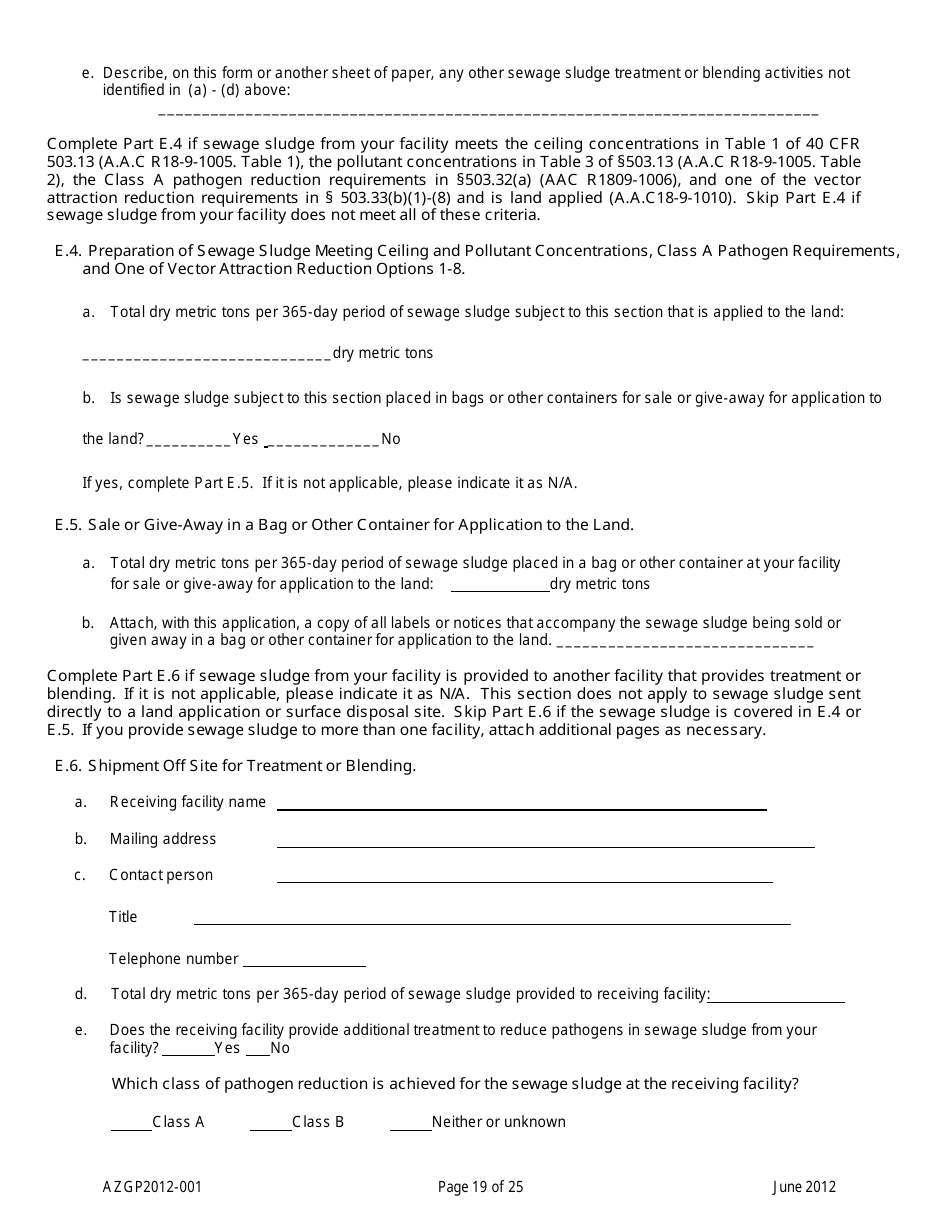 AZPDES Form AZGP2012-001 Notice of Intent (Noi) Form for Infrequent Discharges of Domestic Wastewater to Waters of the United States - Arizona, Page 19