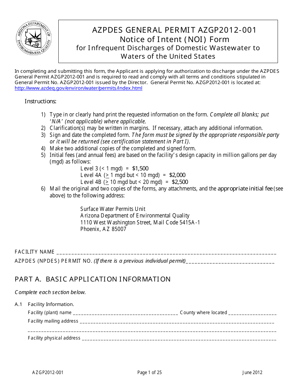 AZPDES Form AZGP2012-001 Notice of Intent (Noi) Form for Infrequent Discharges of Domestic Wastewater to Waters of the United States - Arizona, Page 1