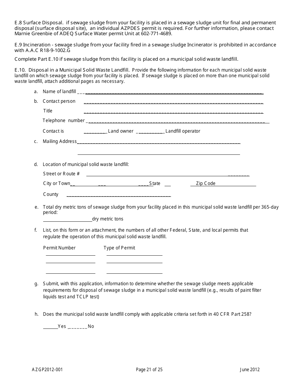 AZPDES Form AZGP2012-001 Notice of Intent (Noi) Form for Infrequent Discharges of Domestic Wastewater to Waters of the United States - Arizona, Page 21