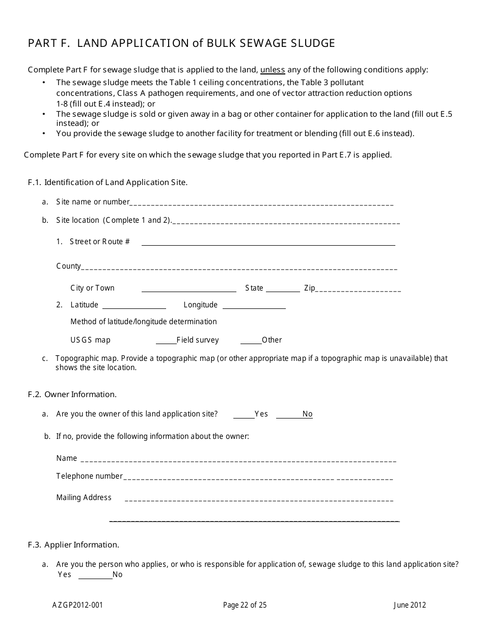 AZPDES Form AZGP2012-001 Notice of Intent (Noi) Form for Infrequent Discharges of Domestic Wastewater to Waters of the United States - Arizona, Page 22